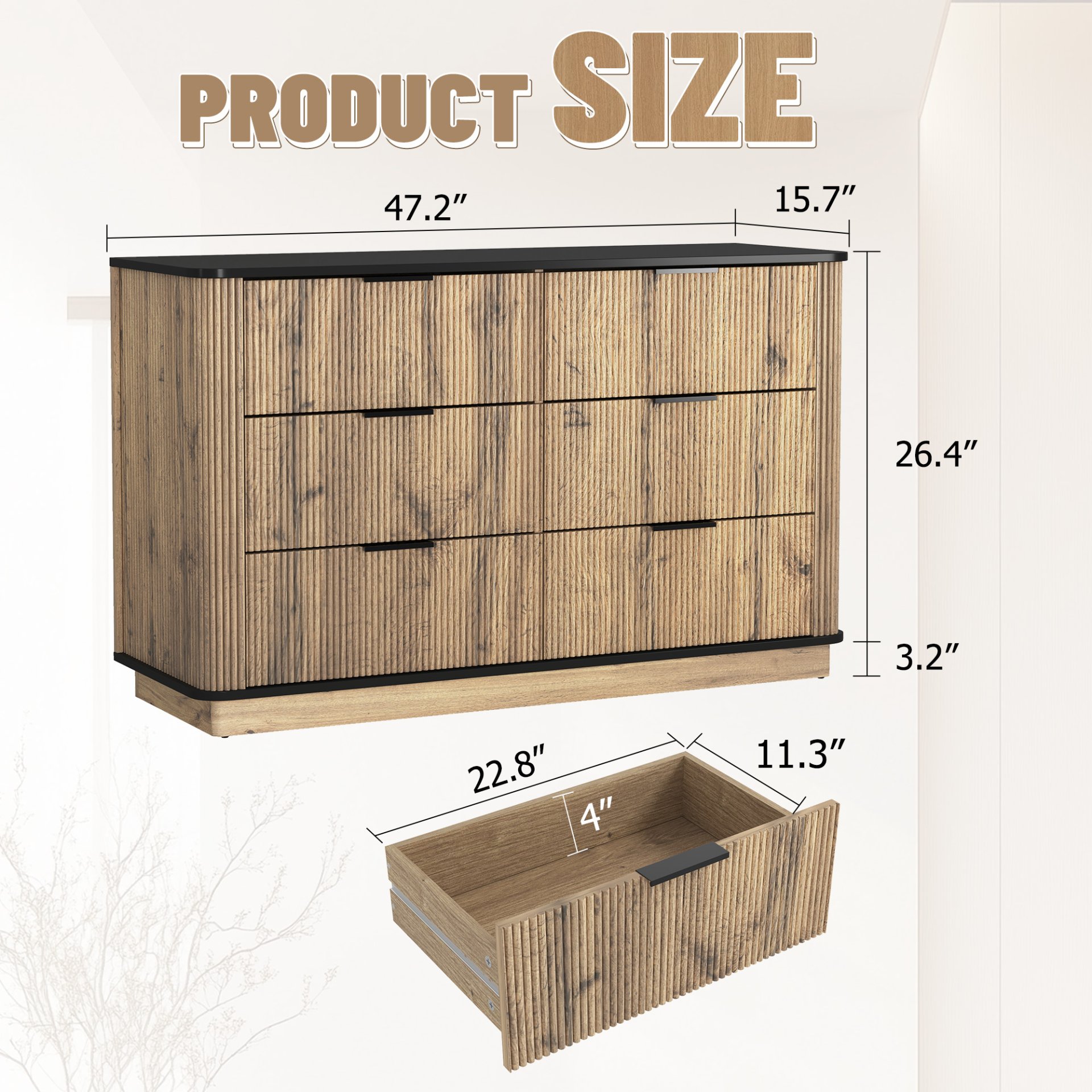 Modern 6 Drawer Cabinet With Metal Rounded Corners And Exquisite Handles Multi Functional Storage - Natural Wood - Image 3