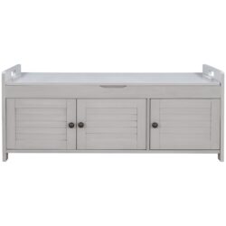 Storage Bench With 3 Shutter-Shaped Doors, Shoe Bench With Removable Cushion And Hidden Storage Space - Gray Wash