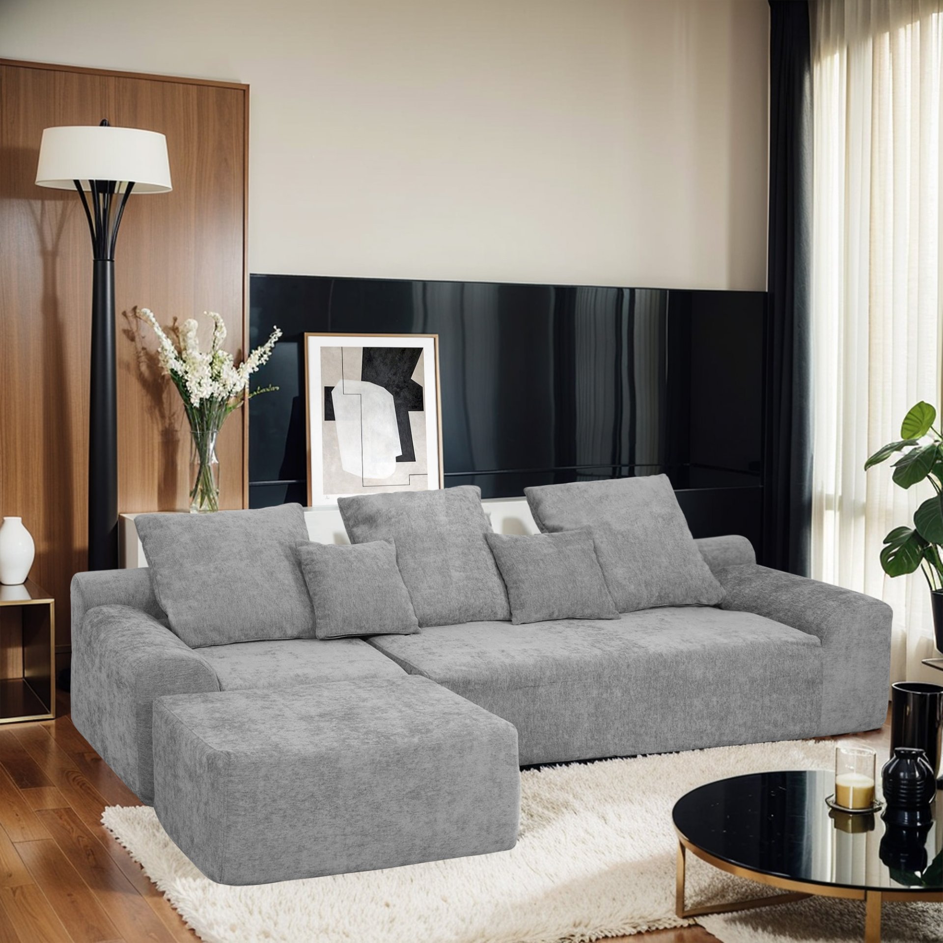 Modern L Shaped Sectional Sofa, Modular Velvet Couch With Adjustable Configurations - Gray - Image 4