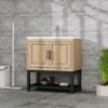 Modern Freestanding 32" Bathroom Vanity With Ceramic Sink, Hot And Cold Faucet, 2 Door Cabinet & Open Iron Shelf, Magnesium Oxide Frame - Natural - Image 5