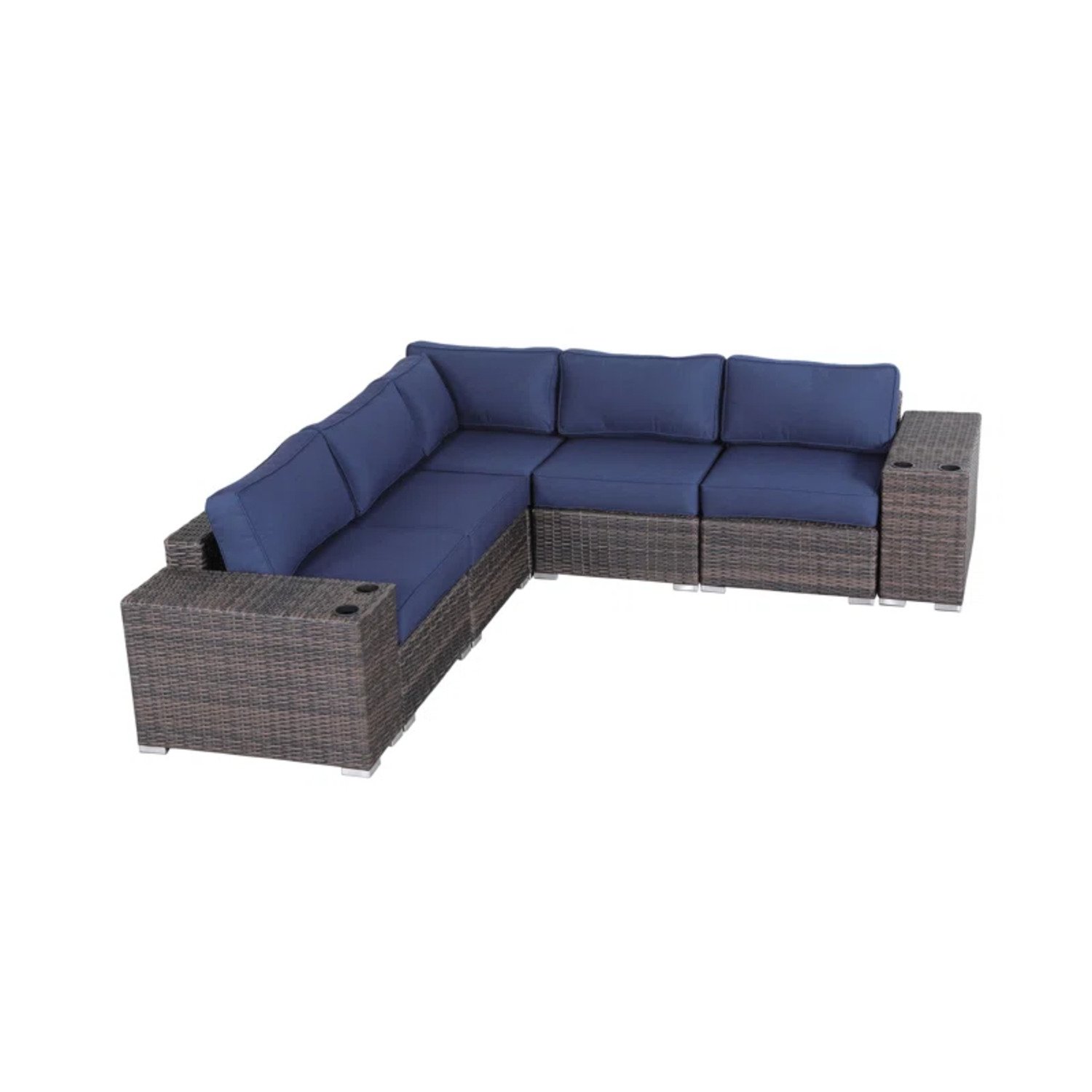 Rattan Wicker 4 Person Seating Group With Cushions Stylish & Comfortable Outdoor Lounge Set - Brown / Navy Blue - Image 6