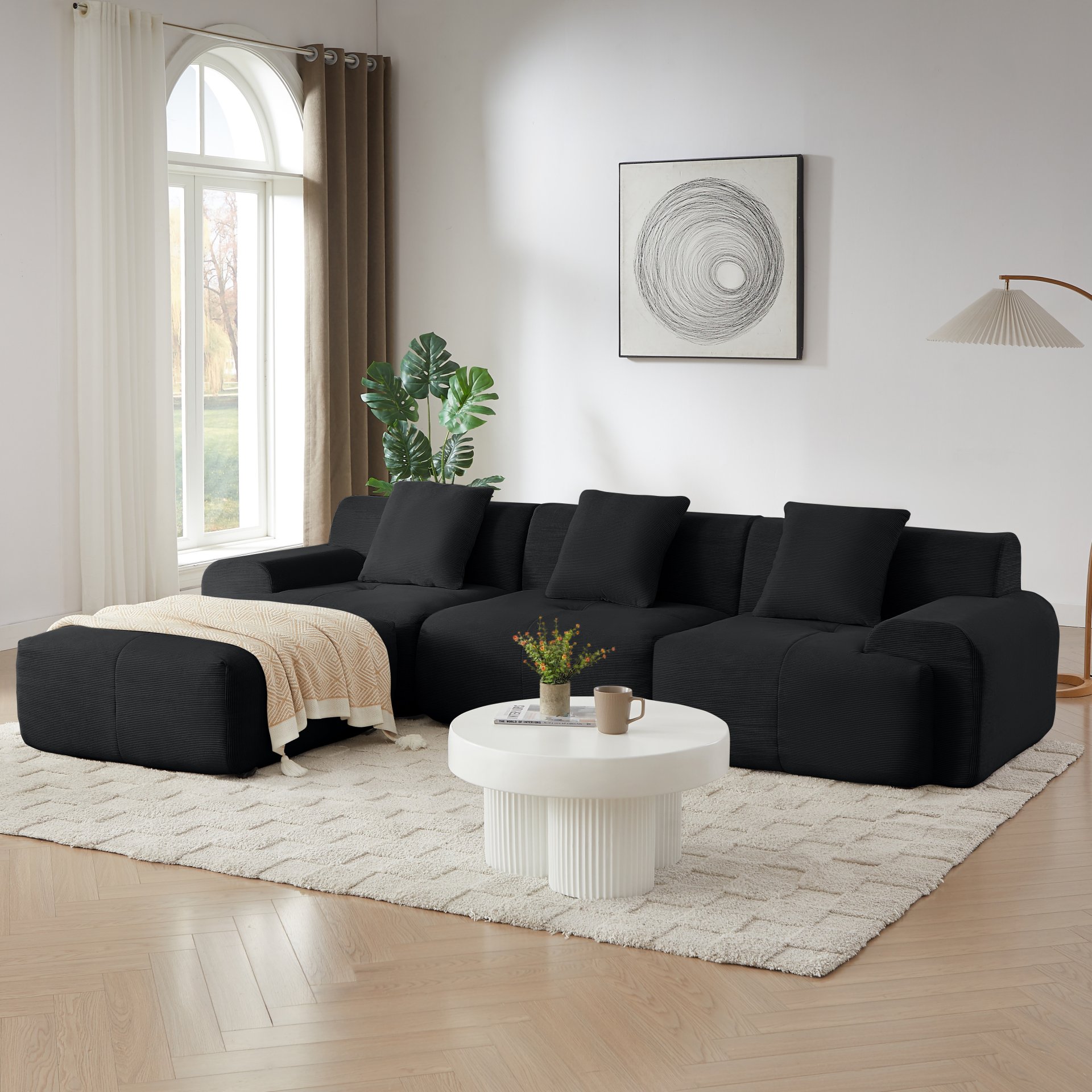 L Shaped Modular Sectional Sofa, Oversized 3 Seater With Deep Seat And Movable Ottoman - Black - Image 4