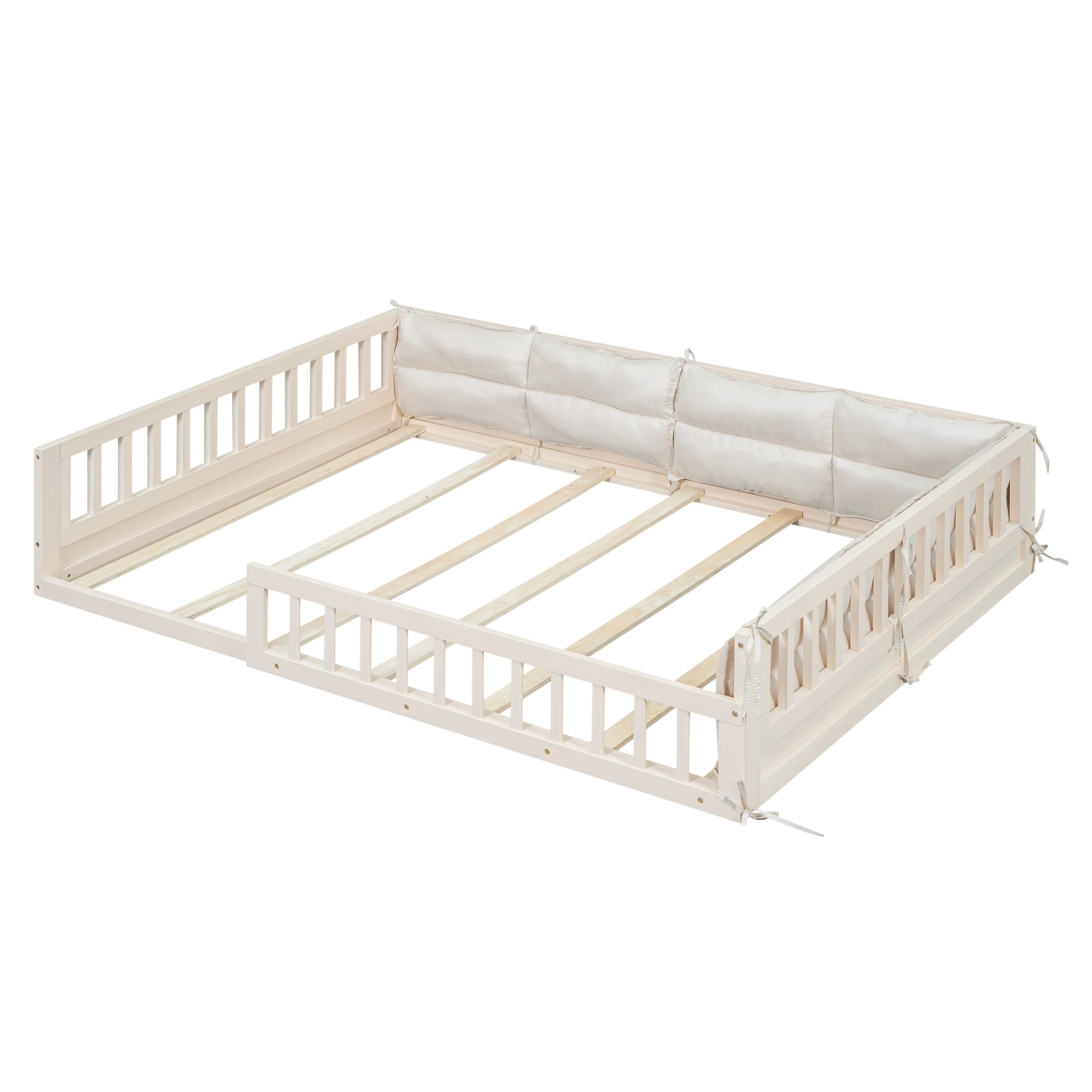 Wood Full Size Upholstered Platform Bed With Guardrail And Pillow - Beige - Image 7