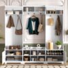 Wide Hall Tree With Shoe Storage, 4 In 1 Entryway Bench With 8 Cubbies, 7 Coat Hooks & Adjustable Shelf For Hallway - White - Image 4