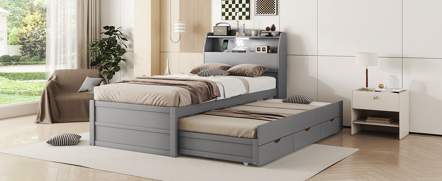 Twin Size LED Platform Bed With Trundle With Storage Headboard With Drawers - Gray - Image 20