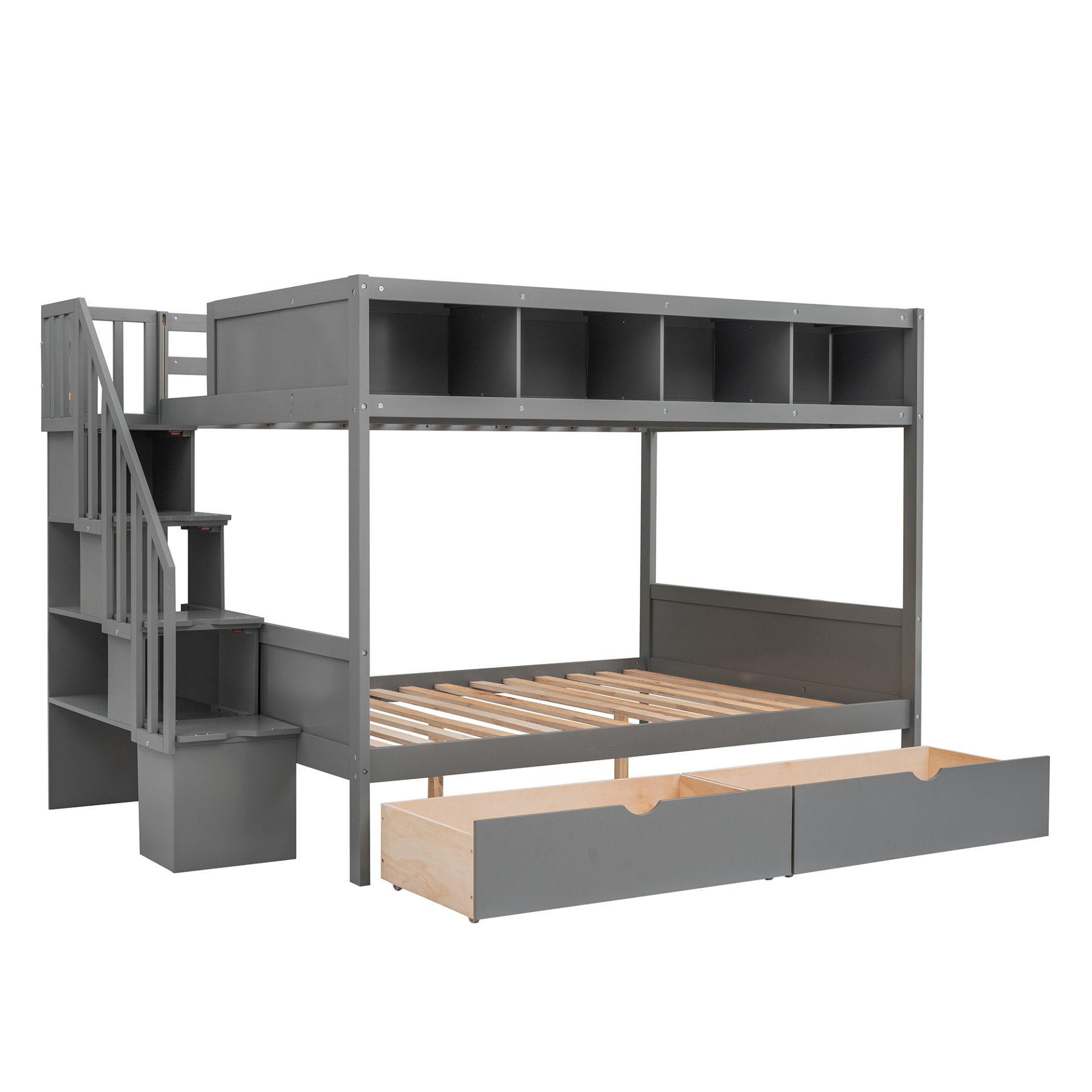 Twin Over Full Bunk Bed With Shelfs, Storage Staircase And 2 Drawers - Gray - Image 7