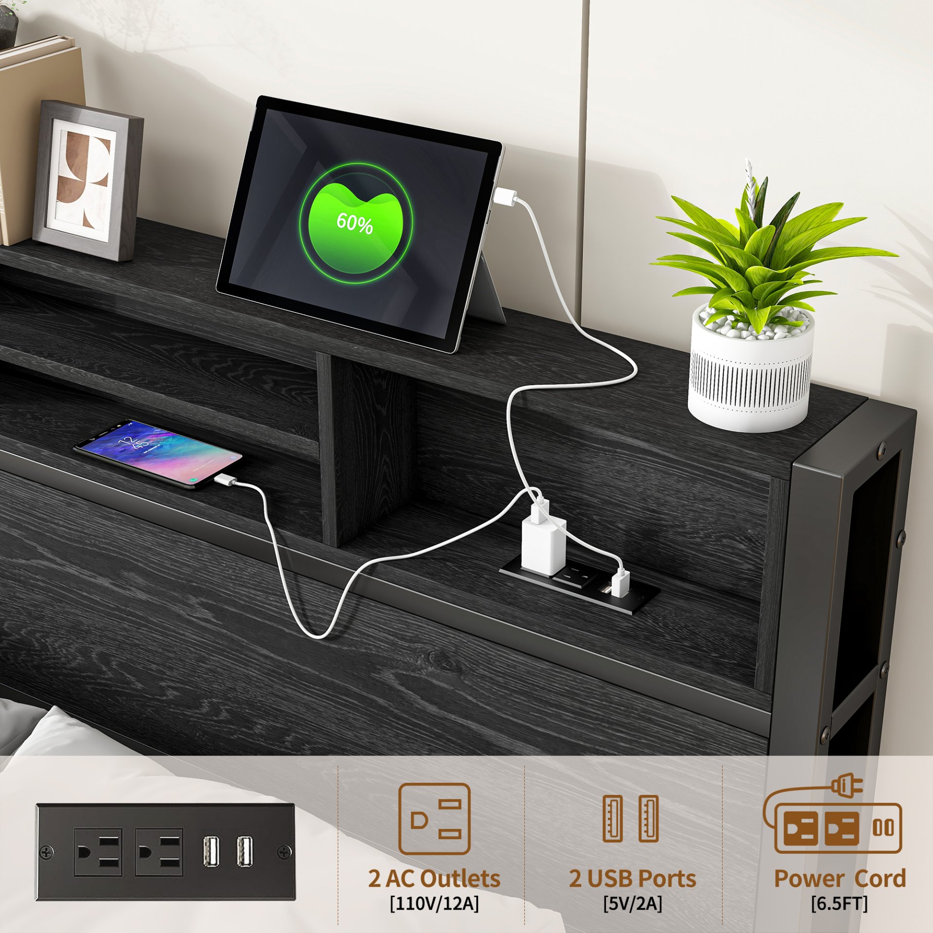 Modern Full Size Metal Platform Bed Frame With Storage Headboard And Charging Station - Black - Image 9