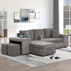 Modern L-Shape 3 Seat Reversible Sectional Couch, Pull Out Sleeper Sofa With Storage Chaise And 2 Stools For Living Room Furniture Set - Knox Charcoal