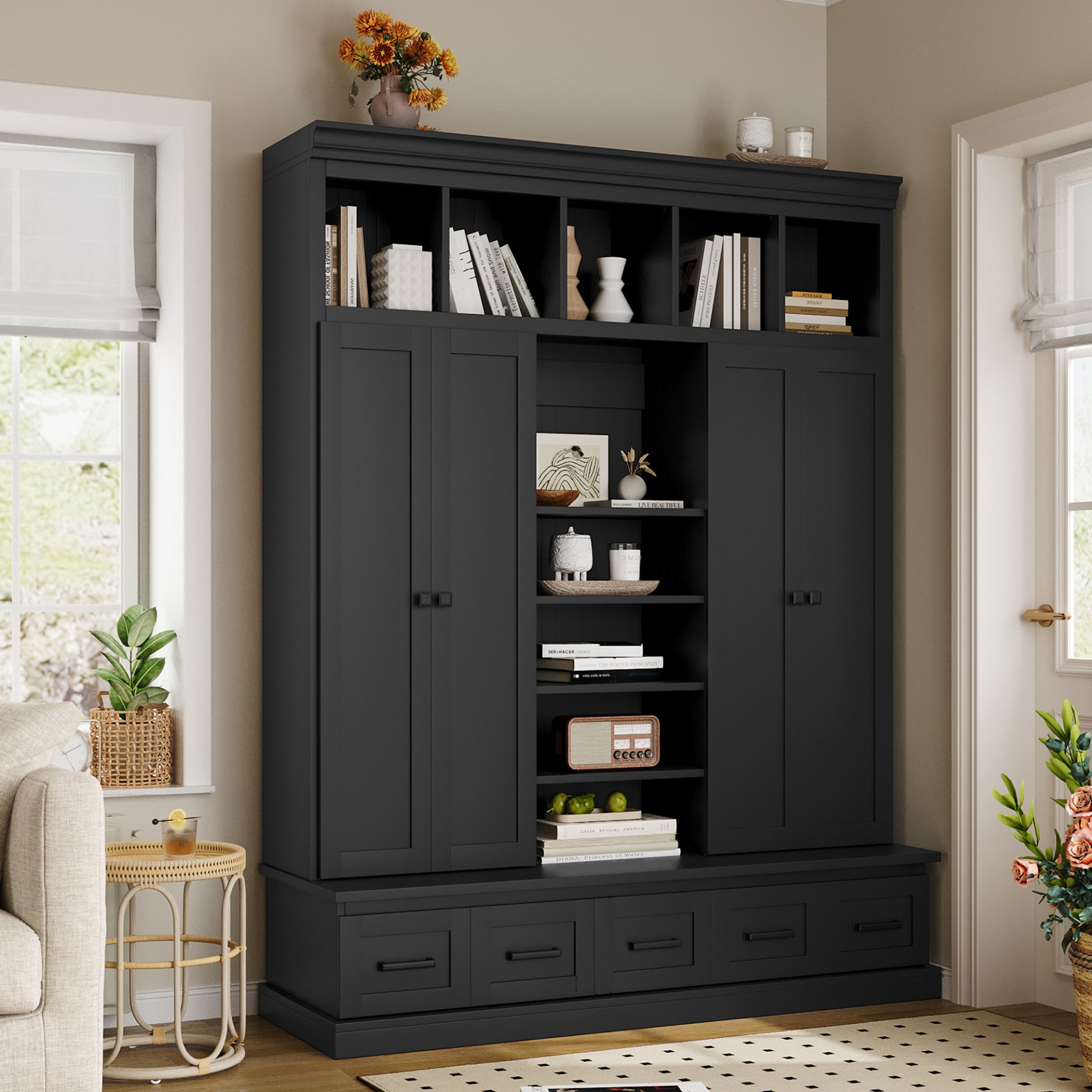 Hall Tree With Bench And 5 Storage Cubbies, Modern Entryway Storage Organizer Cabinet With 4 Doors, 5 Drawers And Adjustable Shelves For Hallway, Entryway, Living Room - Black - Image 3