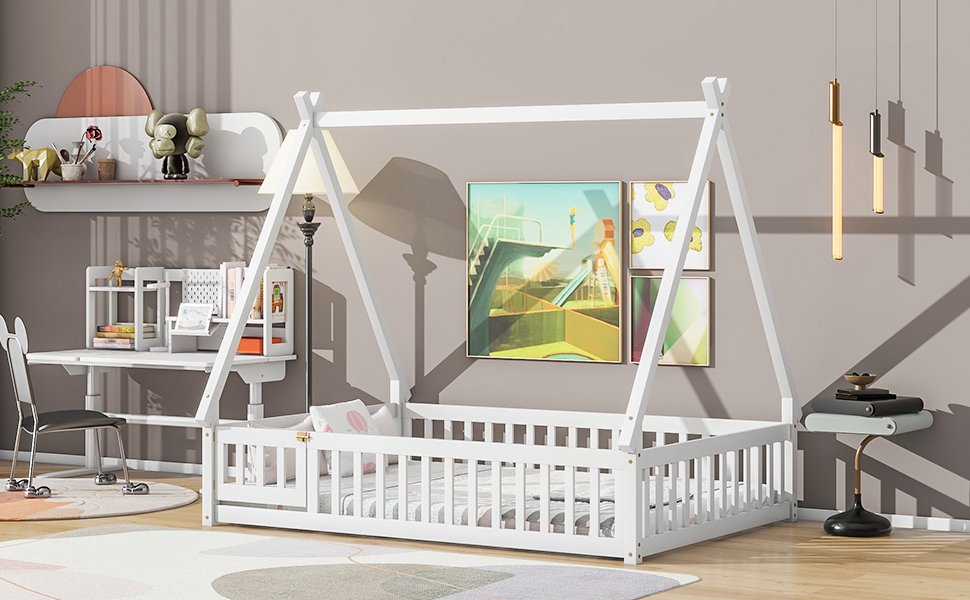 Full Tent-Shaped Floor Bed, With Guardrails, Slats, Door - White - Image 6