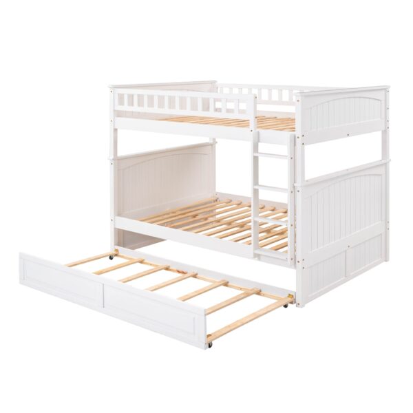 Full Over Full Bunk Bed With Twin Size Trundle, Guardrails - White