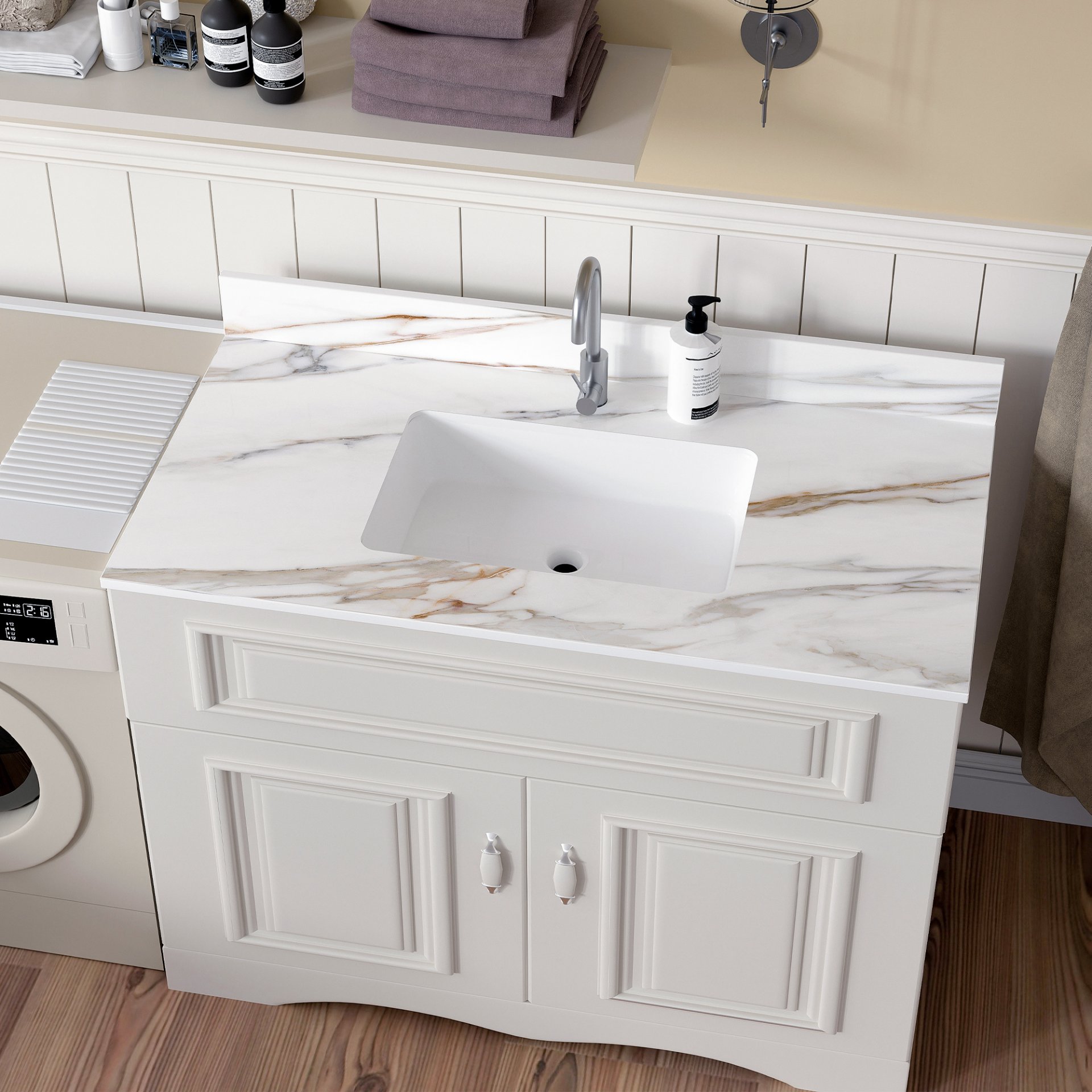 Vanity Top With Undermount Sink And Backsplash, Sintered Stone - Carrara White Marble - Image 6