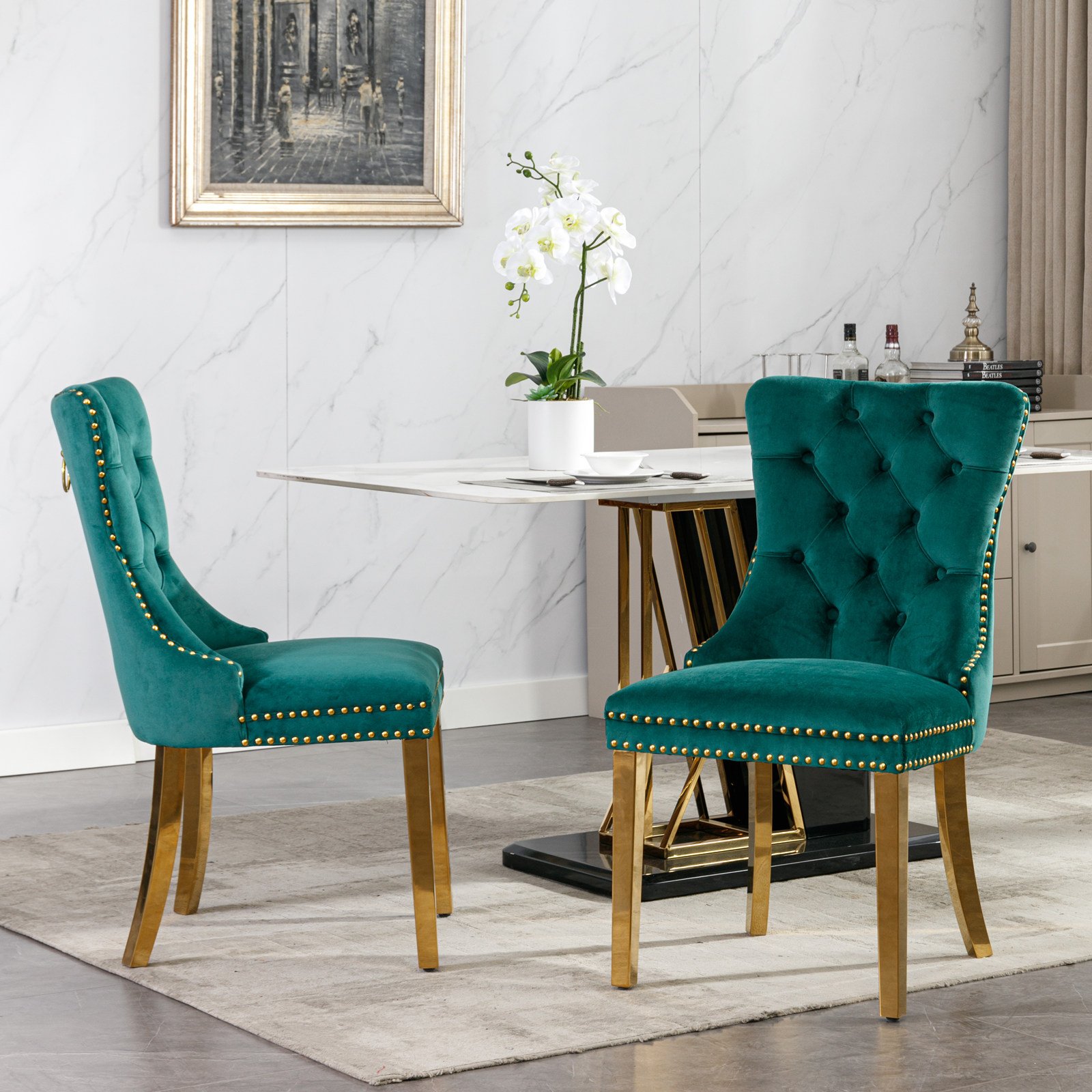 Nikki - Modern, High-End Tufted Solid Wood Contemporary Velvet Upholstered Dining Chair With Golden Stainless Steel Plating Legs, Nailhead Trim (Set of 2) - Green - Image 14