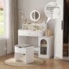 White Vanity Desk With 360° Rotated Mirror And Adjustable Lights, Girls Makeup Vanity Table With Storage Chair And Side Cabinet - Antique White - Image 5
