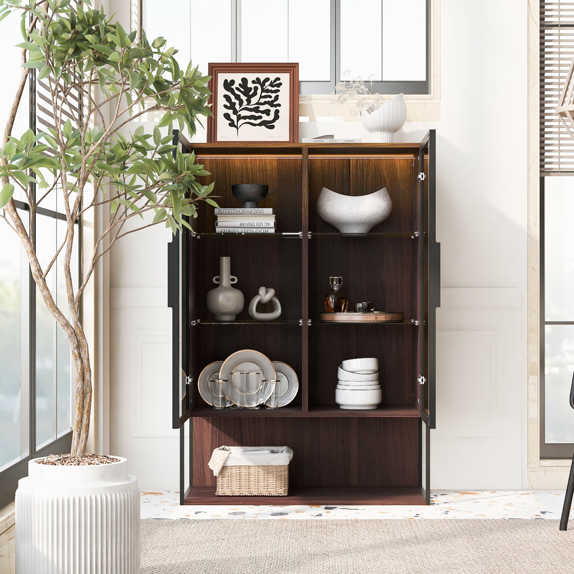 Modern Minimalist Tall Lighted Display Cabinet With Tempered Glass Door - Black / Dark Walnut - Image 4