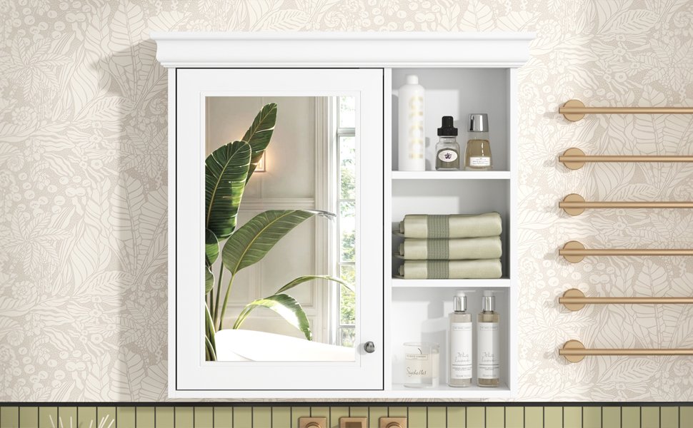 Bathroom Medicine Cabinet With Mirror, Wall Mounted Mirror Cabinet & Storage Organizer, Over The Toilet Storage White Storage Cabinet For Bathroom - White - Image 18