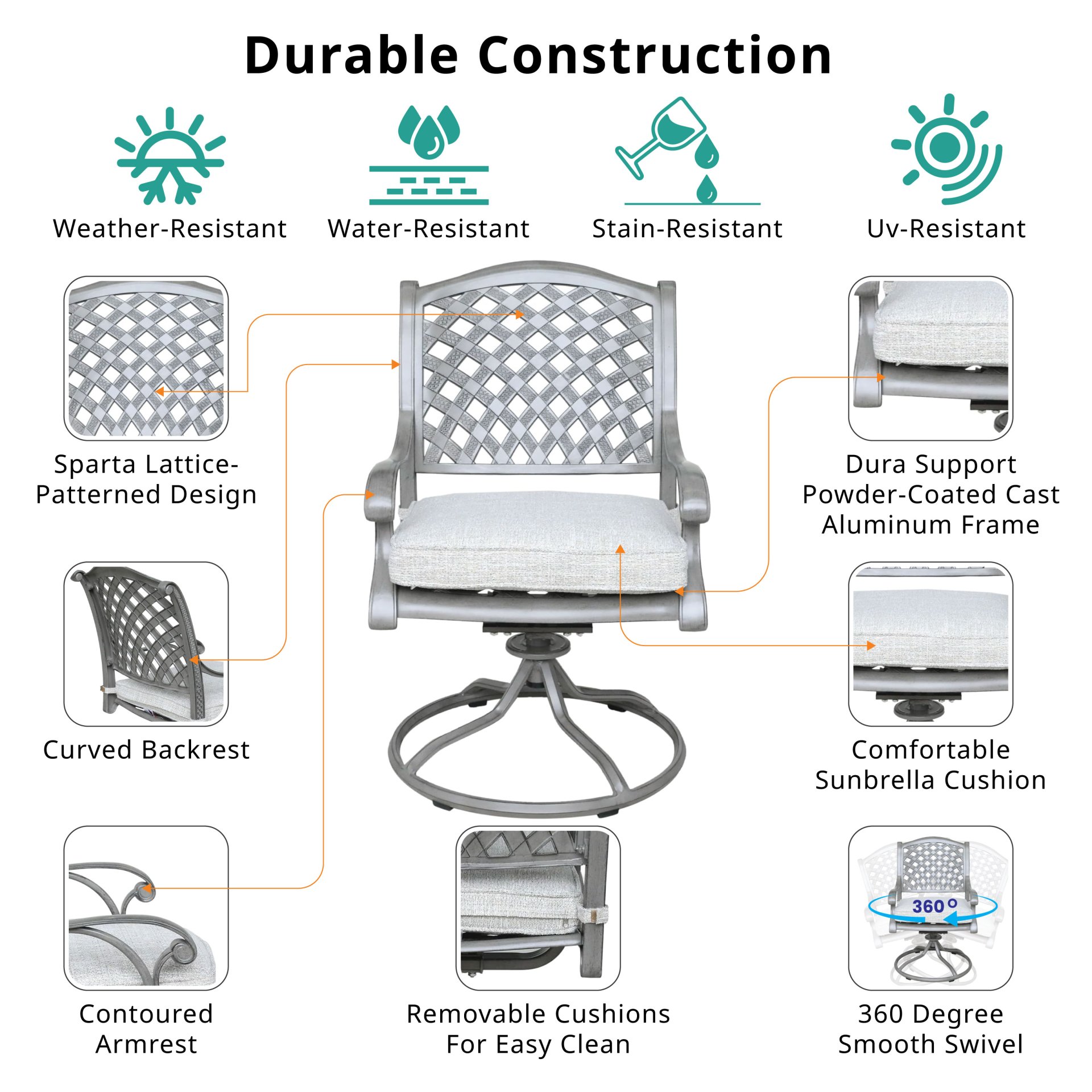 Outdoor Aluminum Swivel Rocker Dining Chairs With Cushions (Set of 2) - Golden Gauze - Image 7