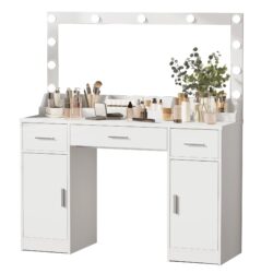 47.2" Vanity Desk With Large Mirror, 3 Colour Lighting Modes, Adjustable Brightness, Dresser With 3 Drawers & 2 Vertical Cabinets, Makeup Vanity Table For Women & Girls - White