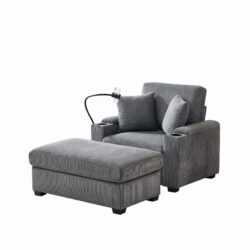 Oversized Chaise Lounge Chair With Ottoman And Storage, Comfy Reclining Chair Corduroy With Cup Holder And USB Port - Gray