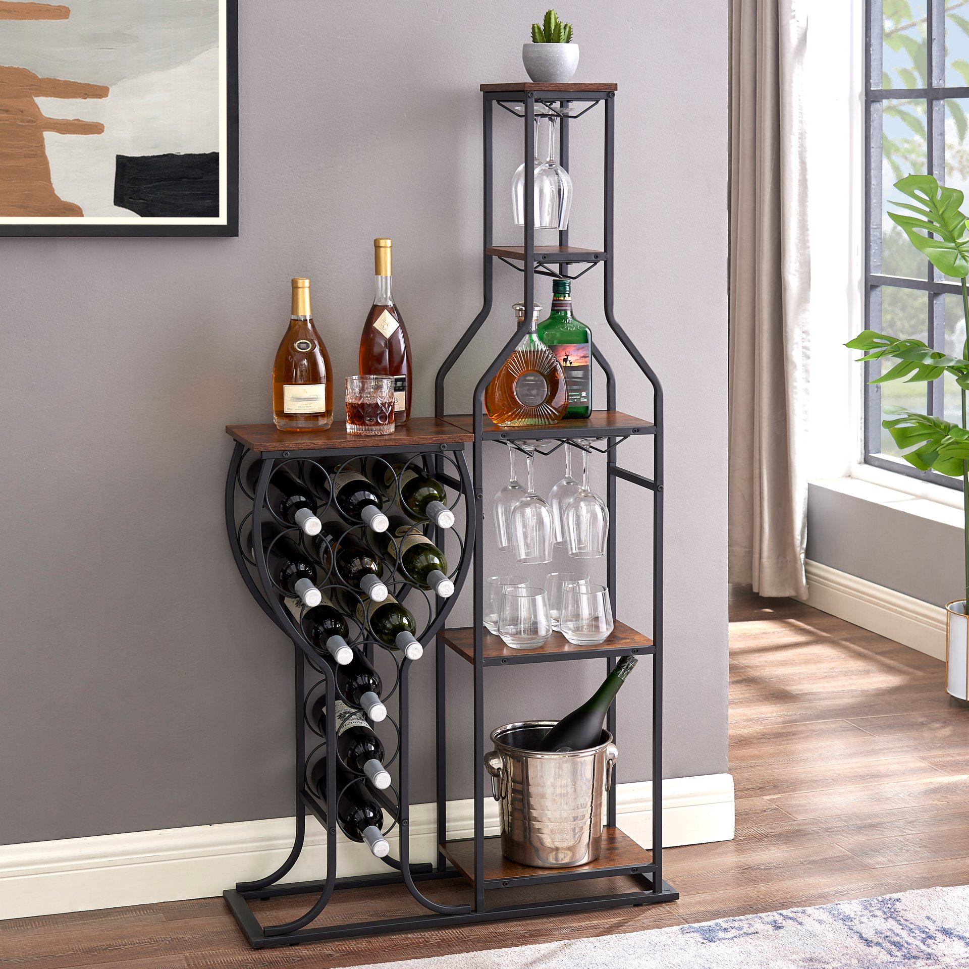 11 Bottle Wine Bakers Rack, 5 Tier Freestanding Wine Rack With Hanging Wine Glass Holder And Storage Shelves, Wine Storage Home Bar For Liquor And Wine Storage for Kitchen, Dining Room - Antique Brown / Black - Image 2