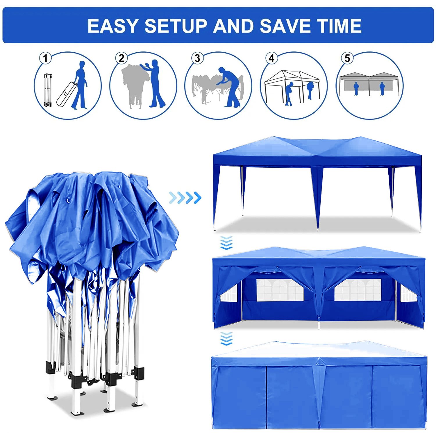 10'X20' Folding Canopy With 6 Removable Sidewalls Outdoor Event Shelter UPF 50+ Gazebo Portable Tents For Parties Beach Camping Wedding Ez Pop Up Canopy - Blue - Image 2