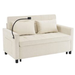 Loveseat Sofa Pull Out Sofa Bed Sleeper Sofa With A Reversible Backrest Cushion, Side Pockets, 2 USB Ports And A Phone Holder For Living Room - Beige
