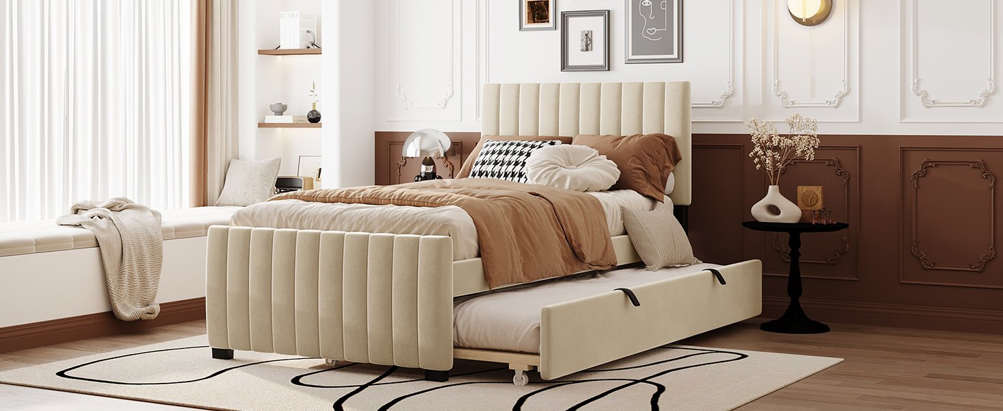Twin Size Upholstered Platform Bed With Twin Size Trundle - Beige - Image 13