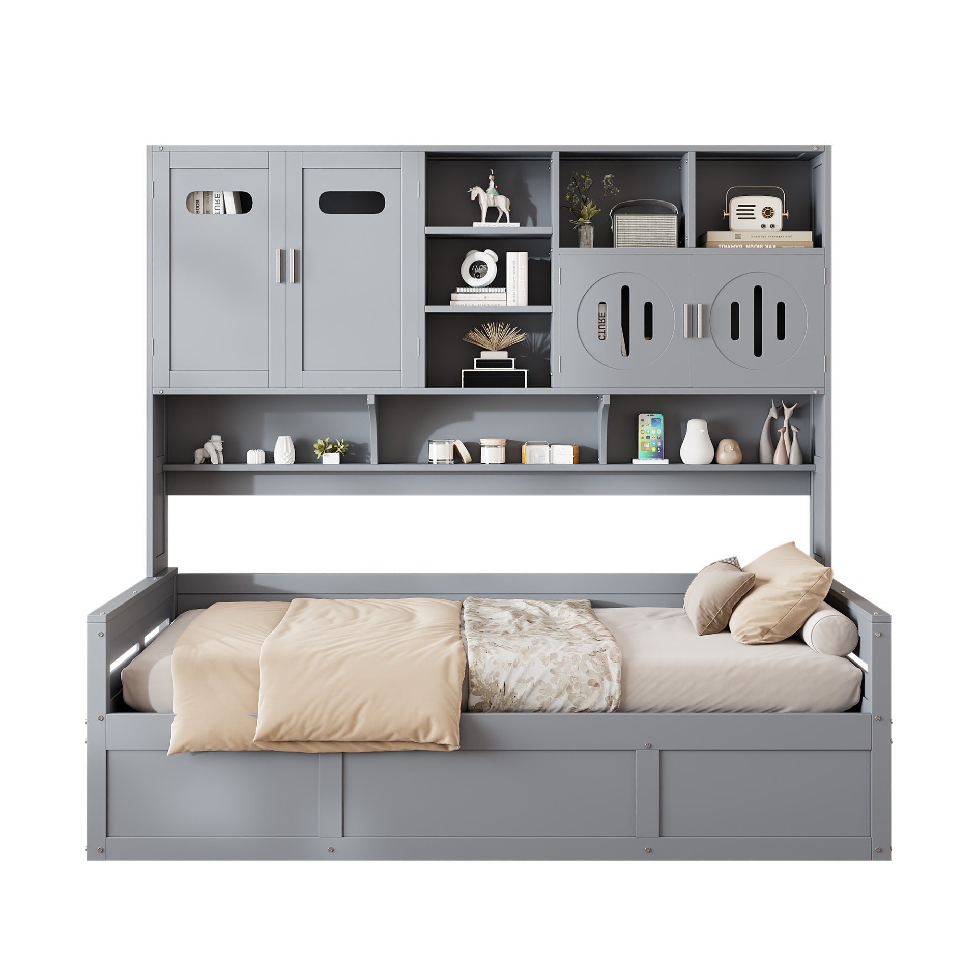 Twin Size Wooden Daybed With Hydraulic Bed And All In One Cabinet And Shelf - Gray - Image 11