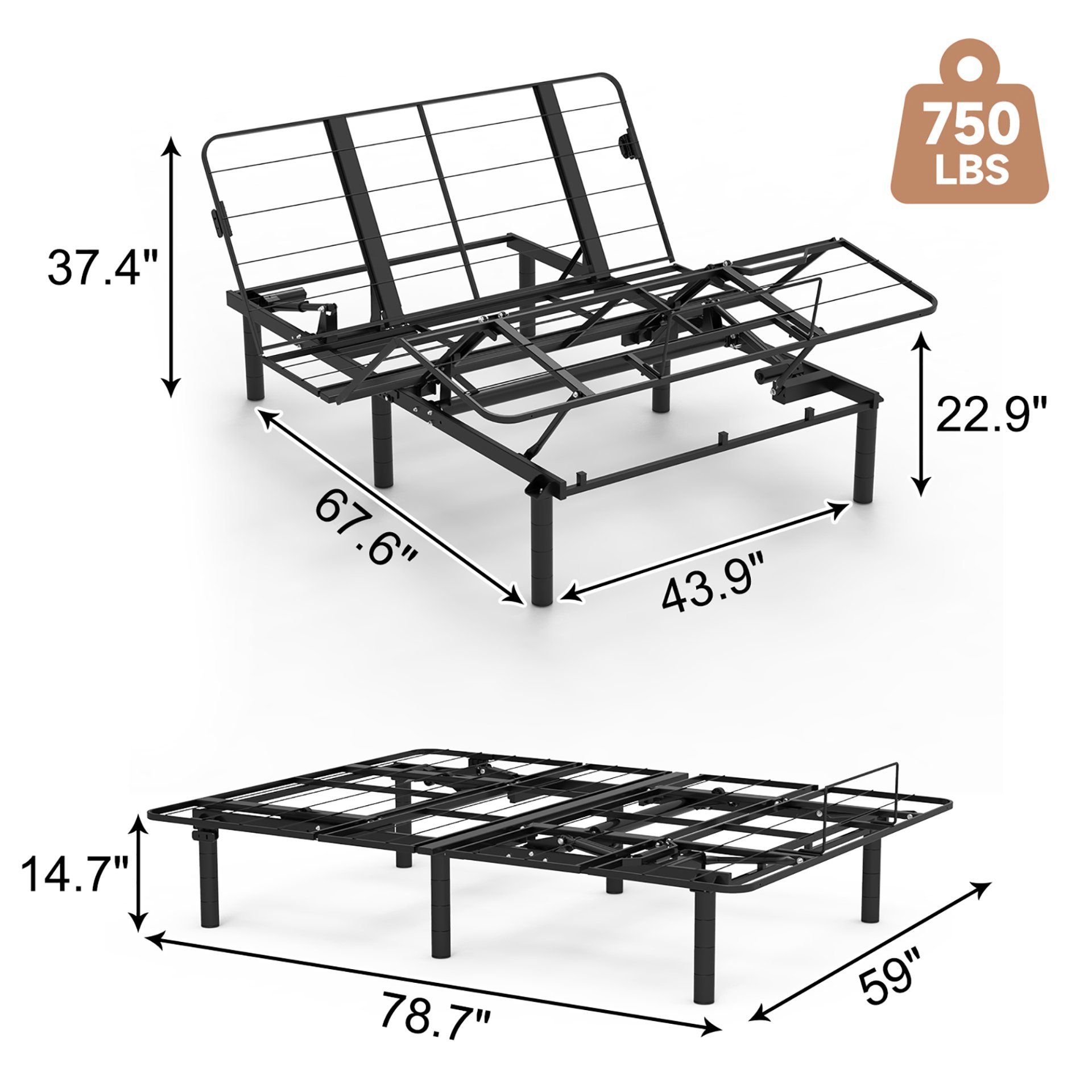 Zero Clearance Adjustable Bed Base Frame With Quiet Motor And Dual USB Ports, Queen Size - Black - Image 3