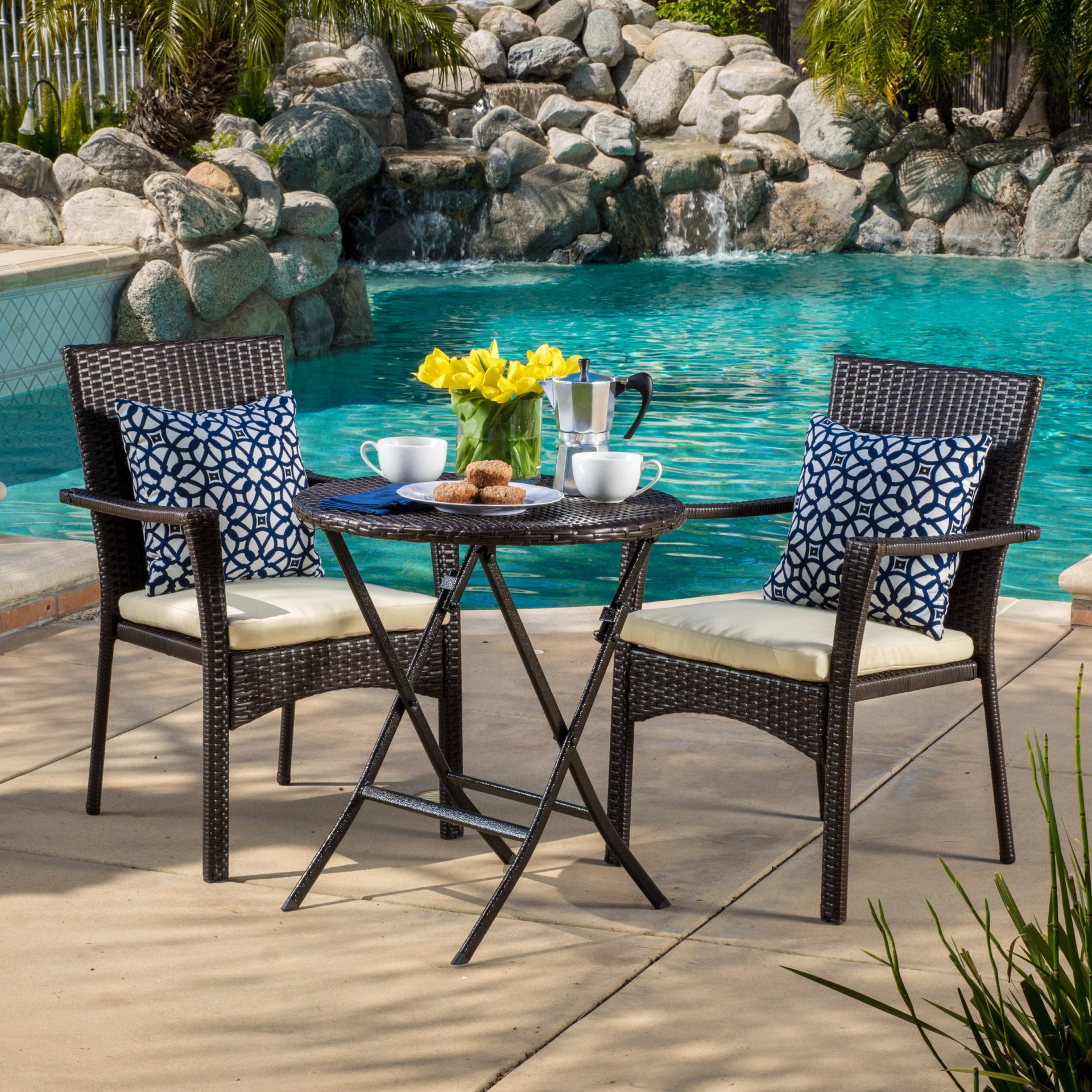 3 Piece Bistro Set With Water Resistant Cushions And 2 Chairs - Brown Multi - Image 2