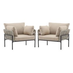 Modern Iron Lounge Chair Set With Rope Weave And Plush Cushions For Indoor Outdoor Relaxation - Beige / Gray