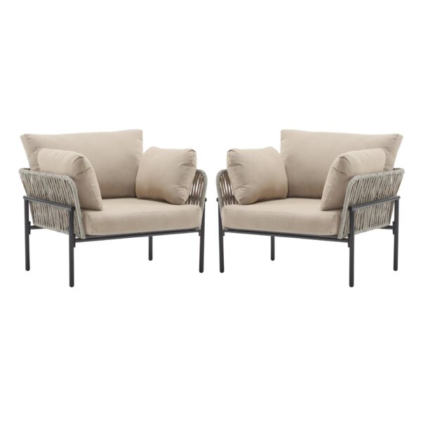 Modern Iron Lounge Chair Set With Rope Weave And Plush Cushions For Indoor Outdoor Relaxation - Beige / Gray