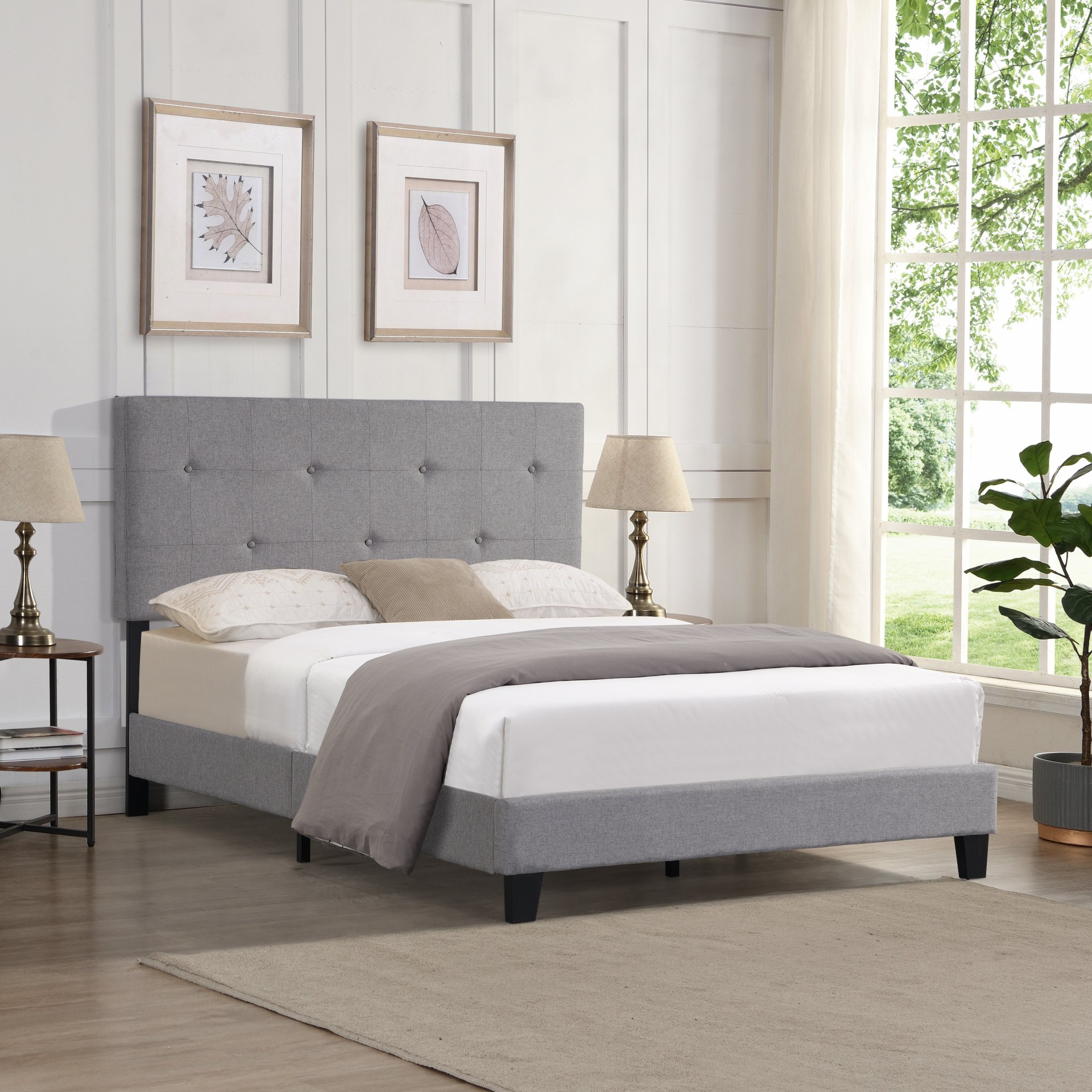 Full Size Upholstered Platform Bed Frame With Modern Button Tufted Linen Fabric Headboard, No Box Spring Needed, Wood Slat Support - Gray - Image 2
