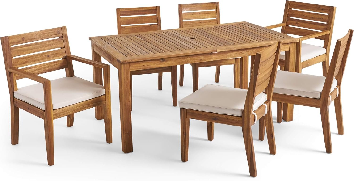 Outdoor 6 Seater Expandable Dining Set With Cushions - Sandblasted Natural / Beige - Image 2