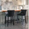 Contemporary Velvet Upholstered Wing-Back Barstools With Button Tufted Decoration And Wooden Legs, And Chrome Nailhead Trim, Leisure Style Bar Chairs, Bar Stools (Set of 4) - Black - Image 14