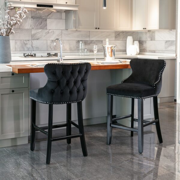 Contemporary Velvet Upholstered Wing-Back Barstools With Button Tufted Decoration And Wooden Legs, And Chrome Nailhead Trim, Leisure Style Bar Chairs, Bar Stools (Set of 2) - Black