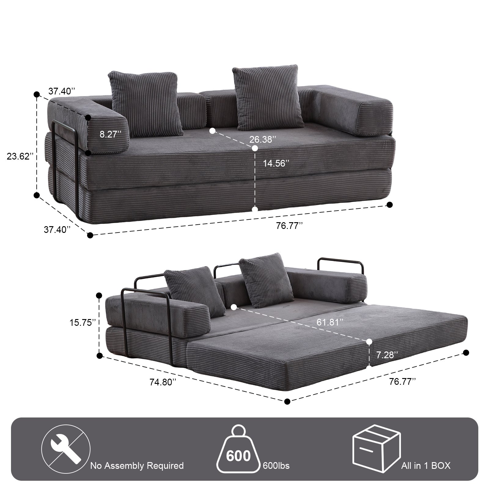Floor Couch, Compression Sofa, Convertible Floor Sofa Bed With Pillow Back Support Armrest - Dark Gray - Image 3