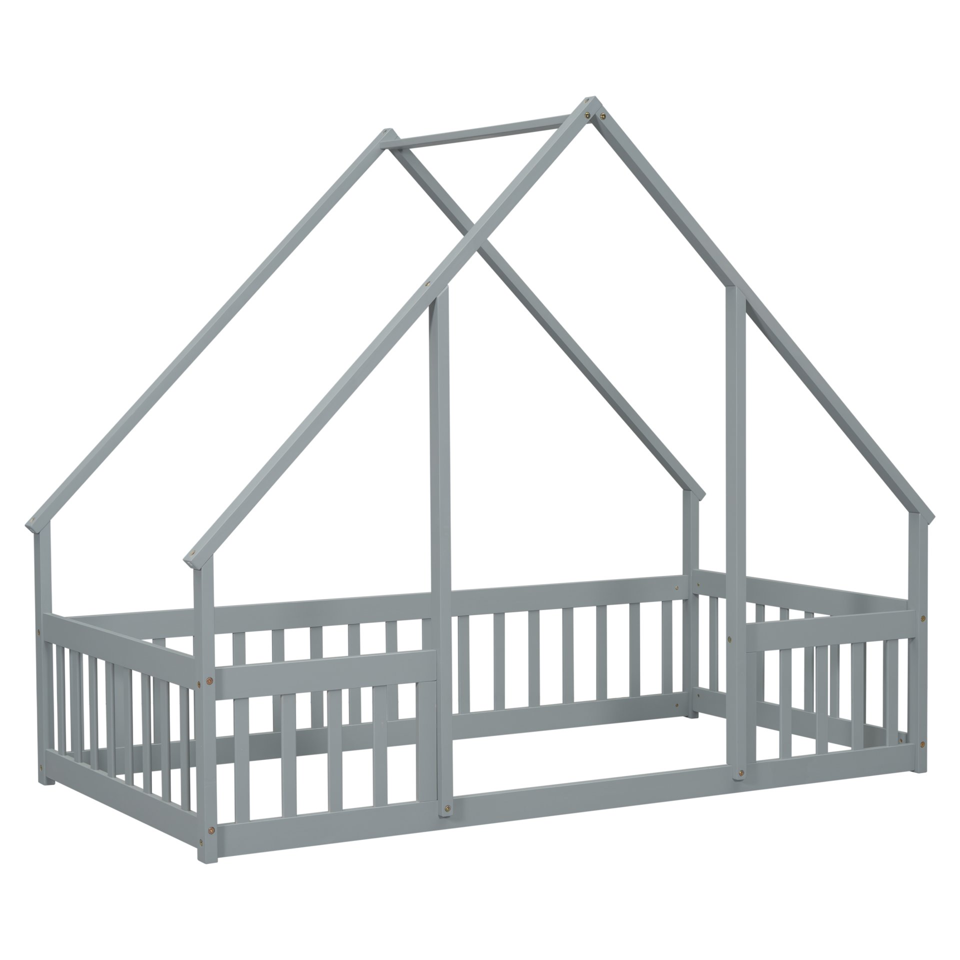 Twin Wood House-Shaped Floor Bed With Fence, Guardrails - Gray - Image 18