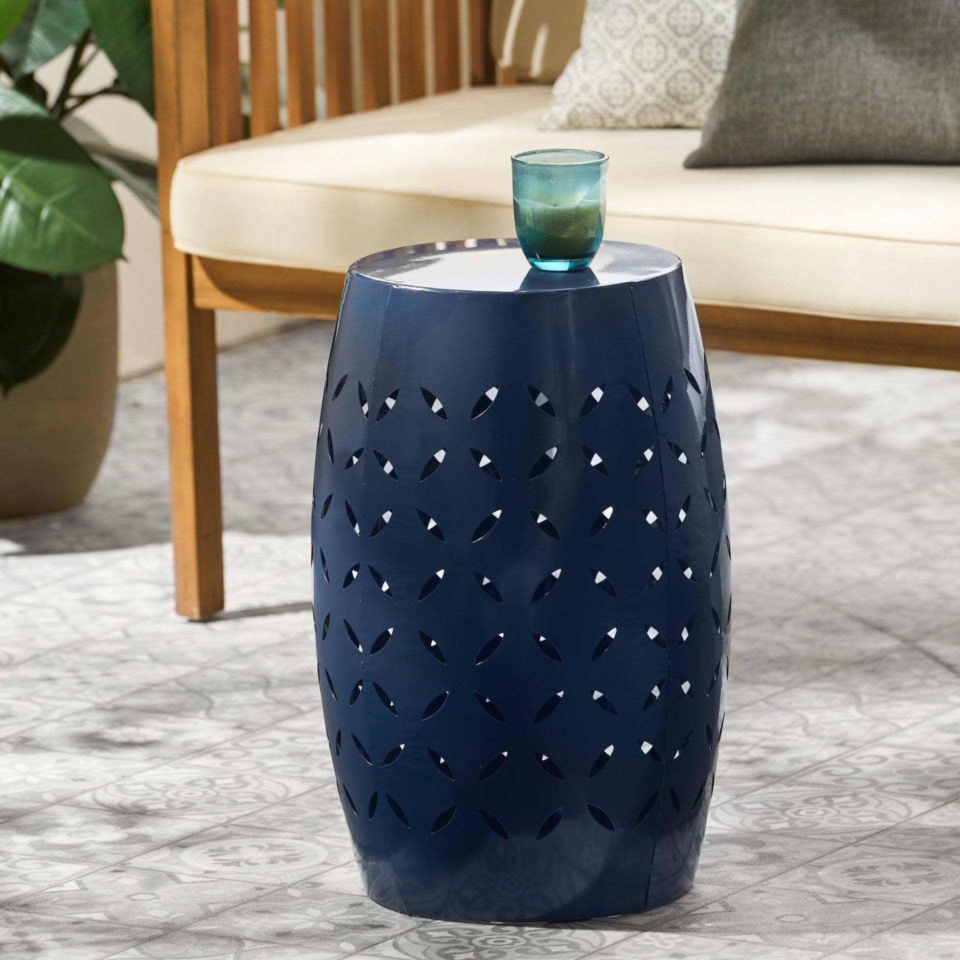 Outdoor Lace Cut Side Table - Navy Blue - Image 9