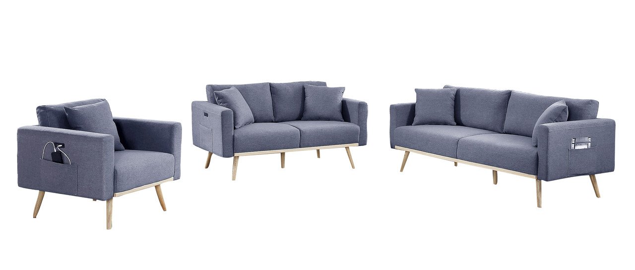 Easton - Linen Fabric Sofa Loveseat Chair Living Room Set With USB Charging Ports Pockets And Pillows (Set of 3) - Dark Gray - Image 2