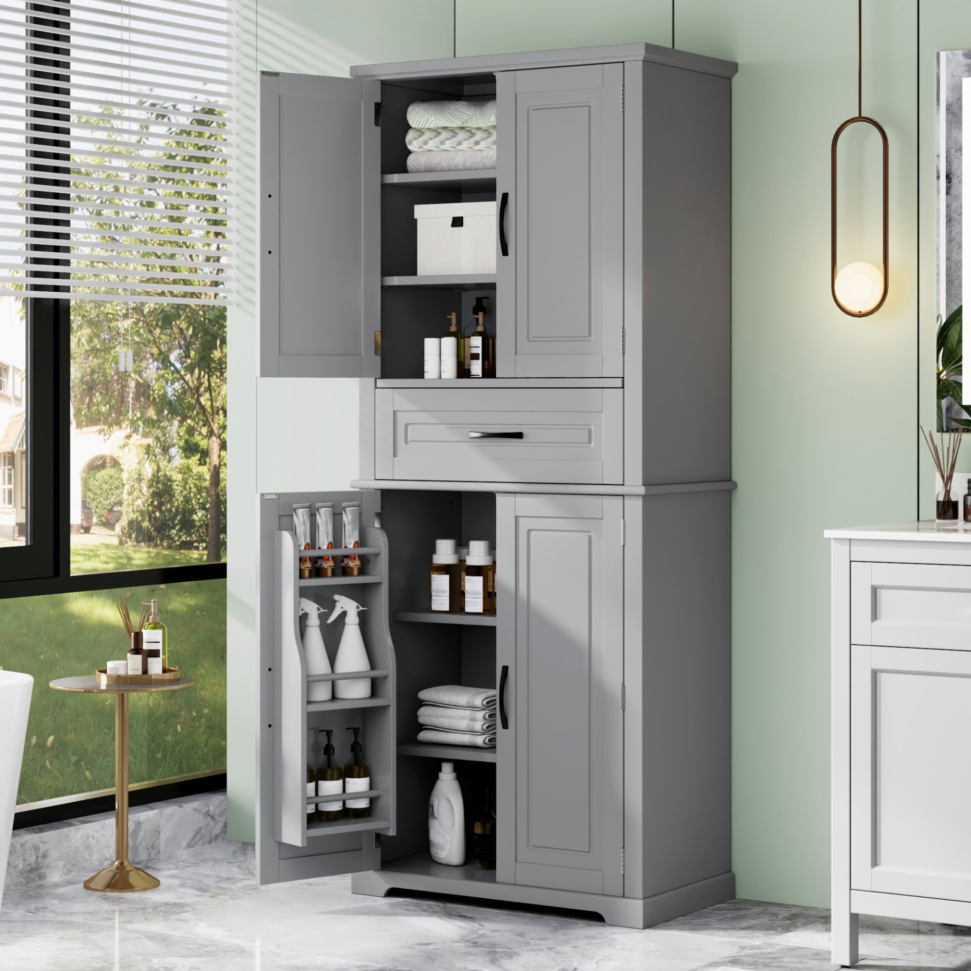Bathroom Storage Cabinet With Multi Functional Storage Space, Material, Adjustable Shelf, Slide Rail Drawer - Gray - Image 5