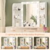 Vanity Desk Set With Mirror & Adjustable Lights Power Outlet And Hair Dryer Rack 2 Drawers And 6 Shelves Includes Cushioned Stool - White - Image 4