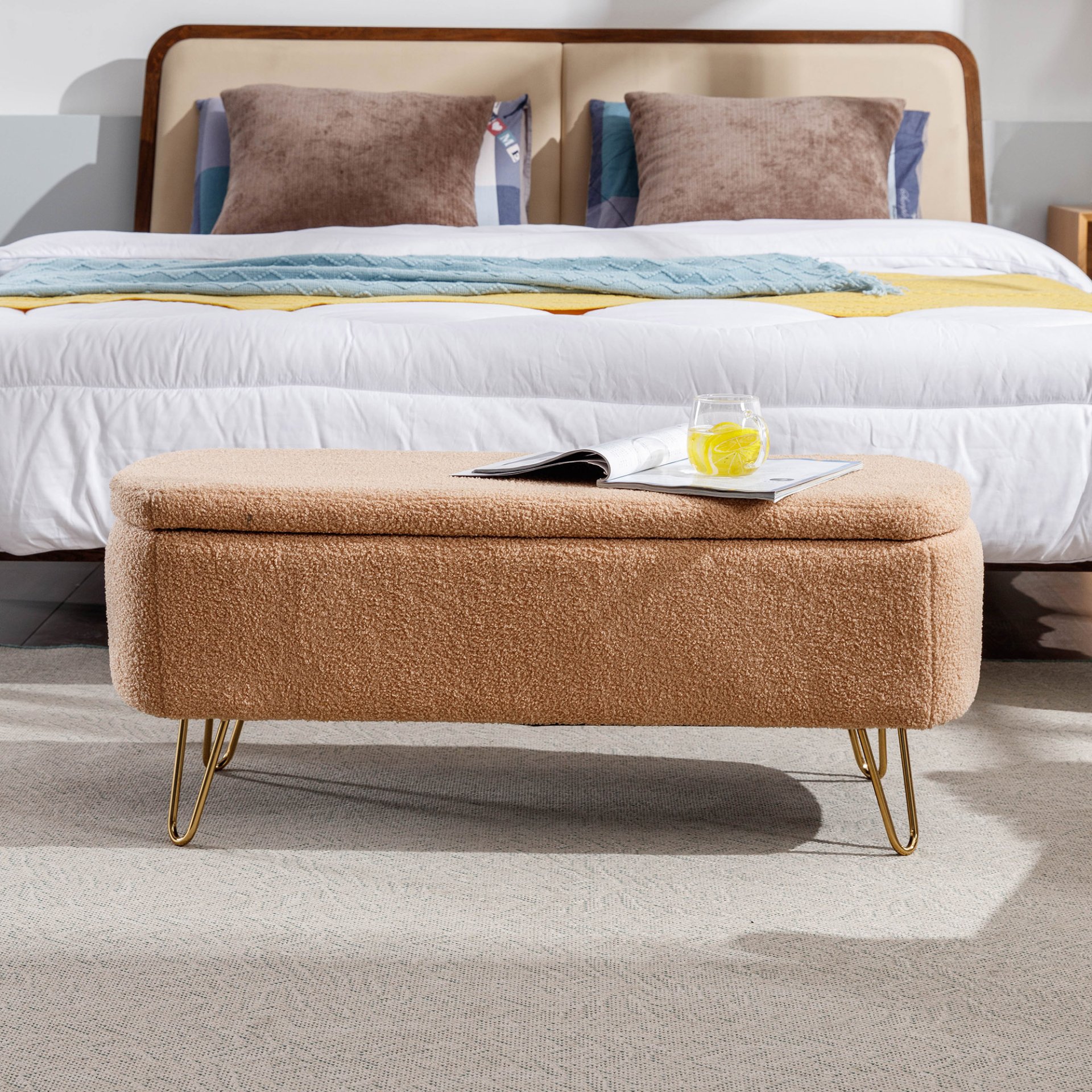 Storage Ottoman Bench For End Of Bed Gold Legs, Modern Camel Faux Fur Entryway Bench Upholstered Padded With Storage For Living Room Bedroom - Camel - Image 6