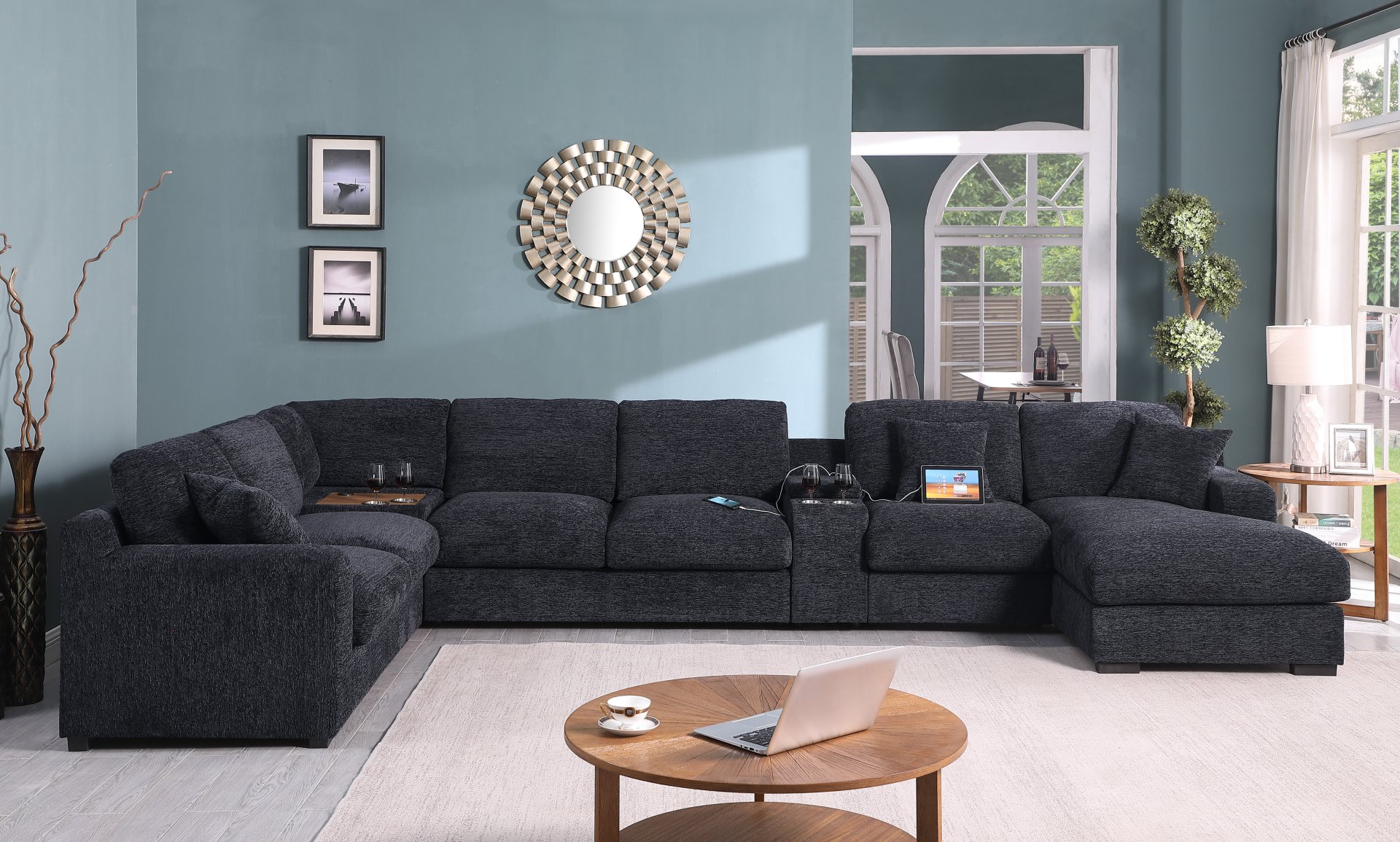 Celine - Chenille Fabric Corner Sectional Sofa With Right Facing Chaise, Cupholders, And Charging Ports - Dark Gray - Image 8