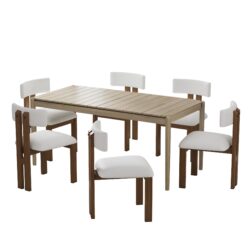 Contemporary 7 Piece Dining Set With Upholstered Armless Chairs And Metal Legs - White / Brown
