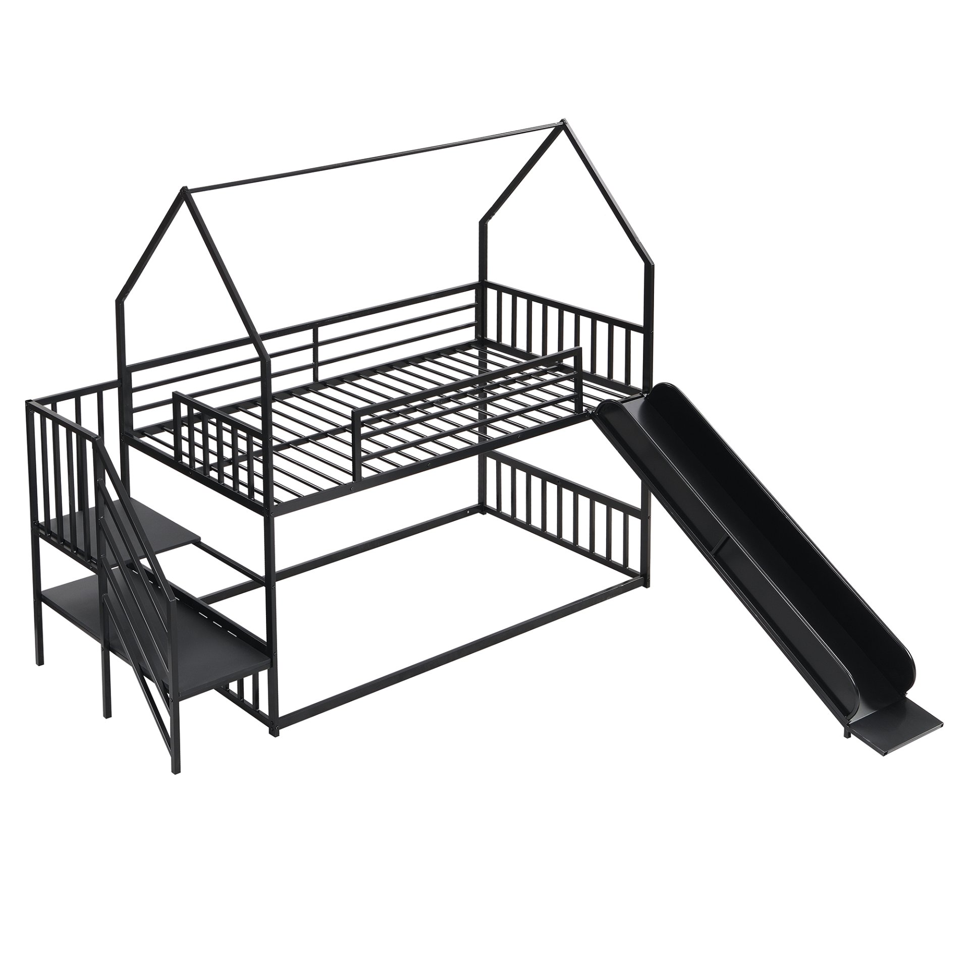 Twin Size Metal Bunk Bed House Bed With Slide And Staircase - Black - Image 7