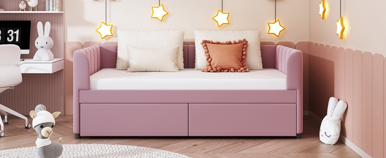 Twin Size Upholstered Daybed With Ergonomic Design Backrest And 2 Drawers - Pink - Image 15