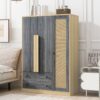3 Doors Rattan Wardrobe Storage For Bedroom, With 2 Drawers - Gray / Nature - Image 11
