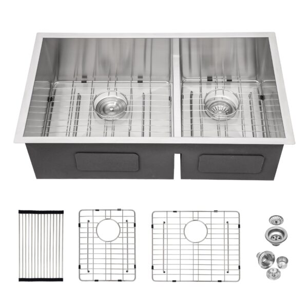 Modern Undermount Double Bowl Kitchen Sink With Dual 10" Deep Basins In Stainless Steel - White