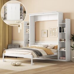 Queen Size Murphy Wall Bed With Shelves And LED Lights - White